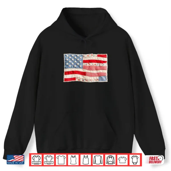 Hoodie Vintage Faux Patchwork US Flag Patriotic Print 4th of July Shirt