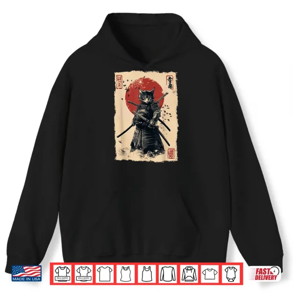 Hoodie Vintage Japanese Art anime graphic samurai cat warrior Shirt