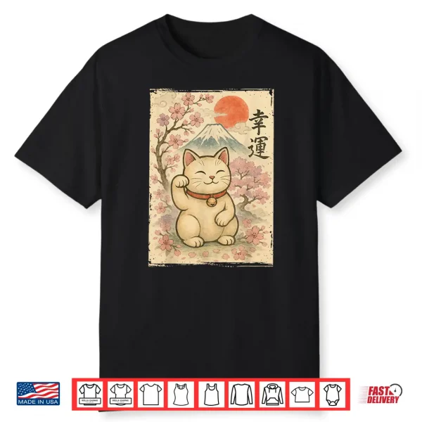 Japanese Anime Maneki Neko Waving Cat Good Luck Kanji Lucky Shirt