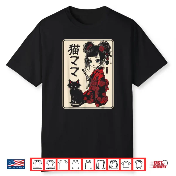 Japanese Gothic Kawaii Anime Samurai Cat Mom Woman Girls Shirt