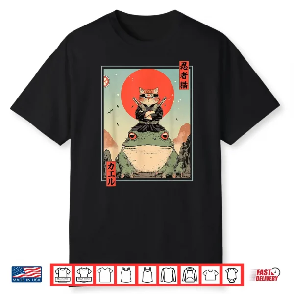 Japanese Ninja Cat And Frog Retro Anime Style Graphic Shirt