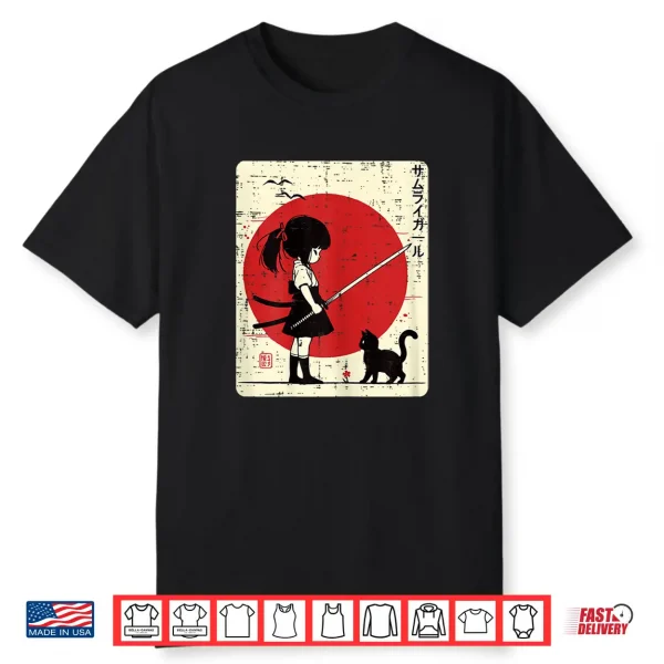 Japanese Samurai Girl Black Cat Kawaii Anime Girls Kid Women Shirt