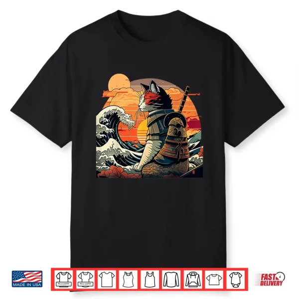 Japanese Retro Samurai Cat The Great Wave By Hokusai Shirt