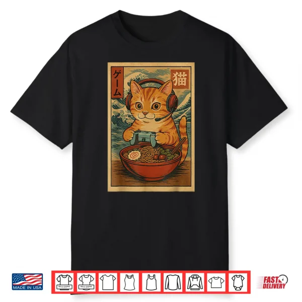 Kawaii Anime Gamer Cat Ramen Retro Japanese Gaming Funny Shirt