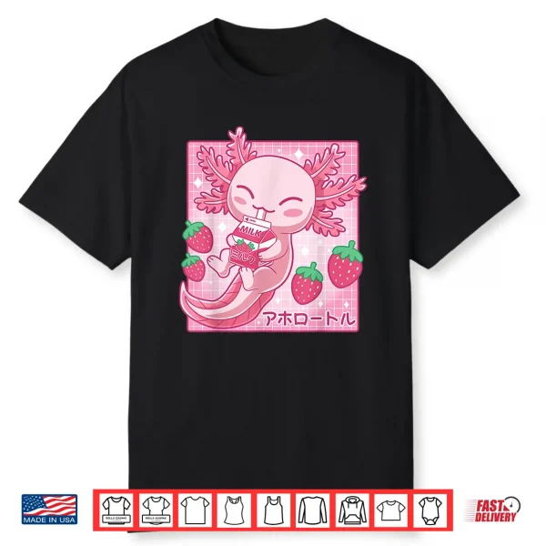 Kawaii Axolotl Strawberry Milk Shake Carton Japanese Anime Shirt