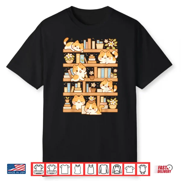 Kawaii Bookshelf Cat Readers Bookworms Librarian Books Lover Shirt