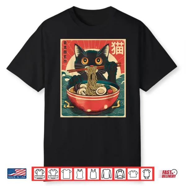 Kawaii Cat Anime Gifts Cat Ramen Graphic Tee Japanese Funny Shirt