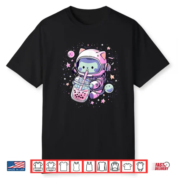 Kawaii Cat Bubble Boba Tea In Space Astronaut Anime Girls Shirt