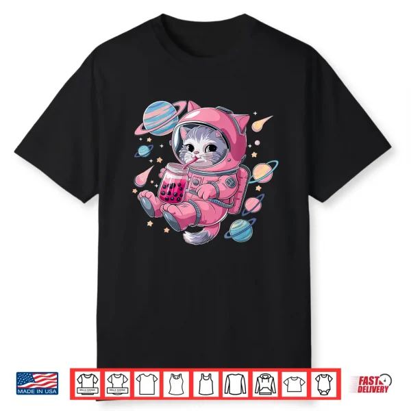 Kawaii Cat Bubble Boba Tea Space Astronaut Anime Girls Shirt