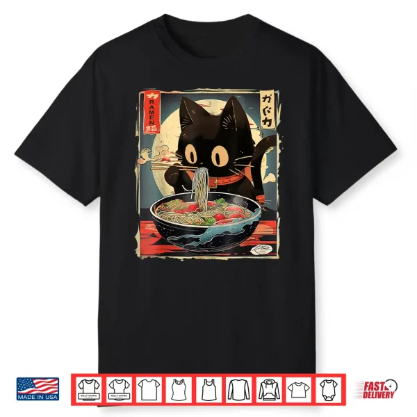 Kawaii Cat Eating Ramen Noodles Anime Gift Girls Teens Shirt