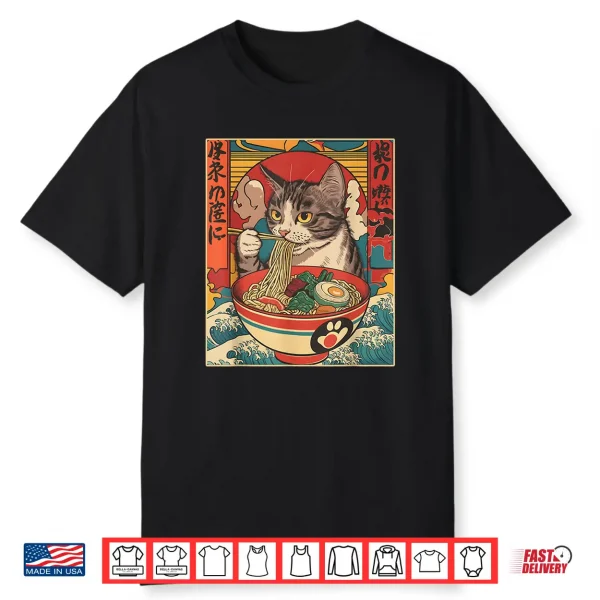Kawaii Cat Eating Ramen Noodles Funny Anime Gift Girls Teens Shirt