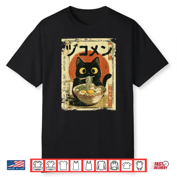 Kawaii Cat Eating Ramen Noodles Funny Vintage Japanese Anime Shirt