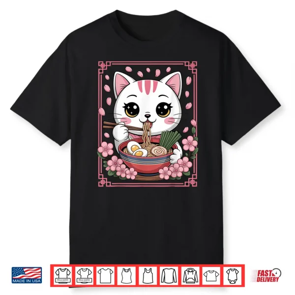 Kawaii Cat Eating Ramen Noodles Japanese Anime Girls Teens Shirt