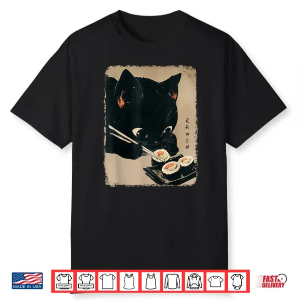 Kawaii Cat Eating Sushi Funny Japanese Anime Cute Cat Girls Shirt