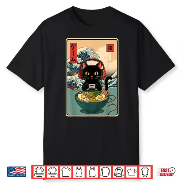 Kawaii Gamer Cat Ramen Retro Japanese Funny Cat Gaming Shirt