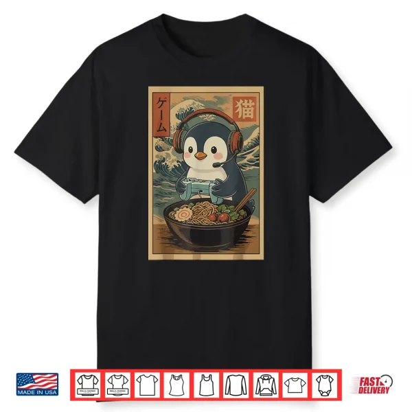 Kawaii Japanese Ramen Penguin Retro Gaming Shirts For Men Shirt