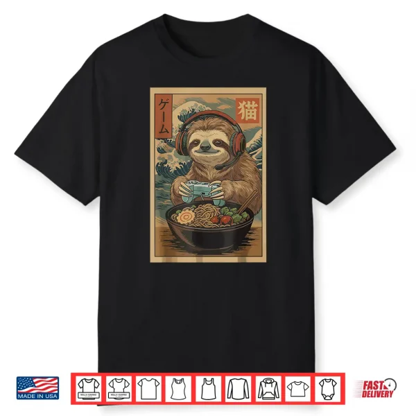Kawaii Japanese Ramen Sloth Retro Gaming Shirts For Men Shirt