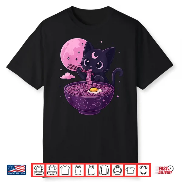 Kawaii Pastel Goth Cat Eating Ramen Under Moon Japanese Shirt