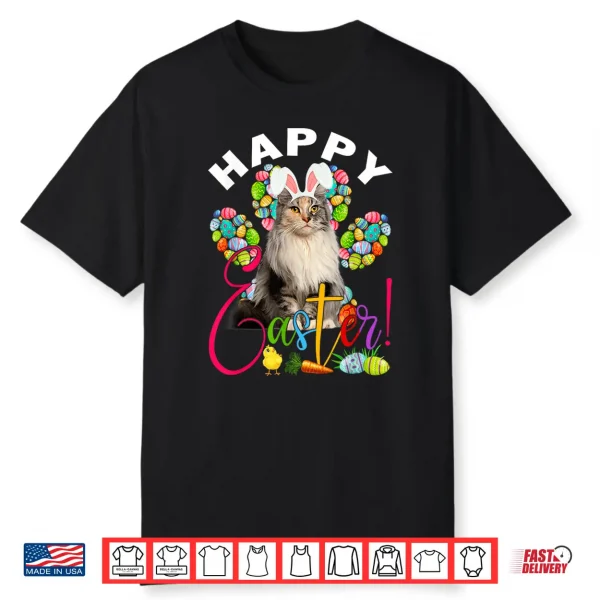 Maine Coon Cat & Bunny Ears Easter Eggs Cat Paw Easter Day Shirt