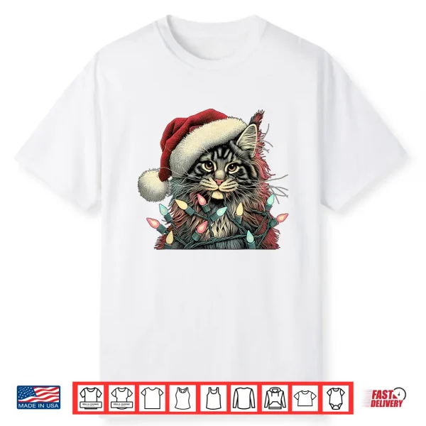 Maine Coon Cat Chew Christmas Light Xmas Holiday Funny Cute Shirt