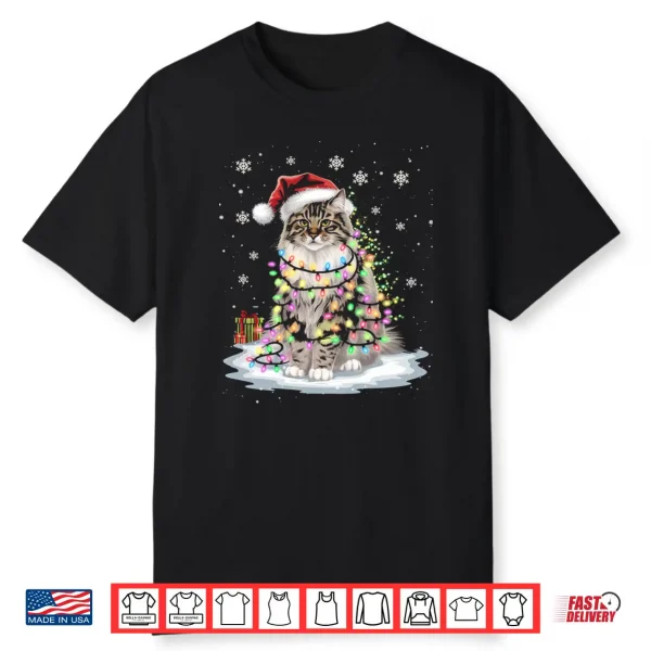 Maine Coon Cat Christmas Light Family Mens Womens Xmas Tops Shirt