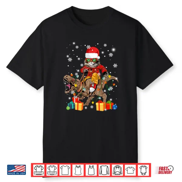 Maine Coon Cat Riding T Rex Funny Christmas Dino Cat Lovers Shirt