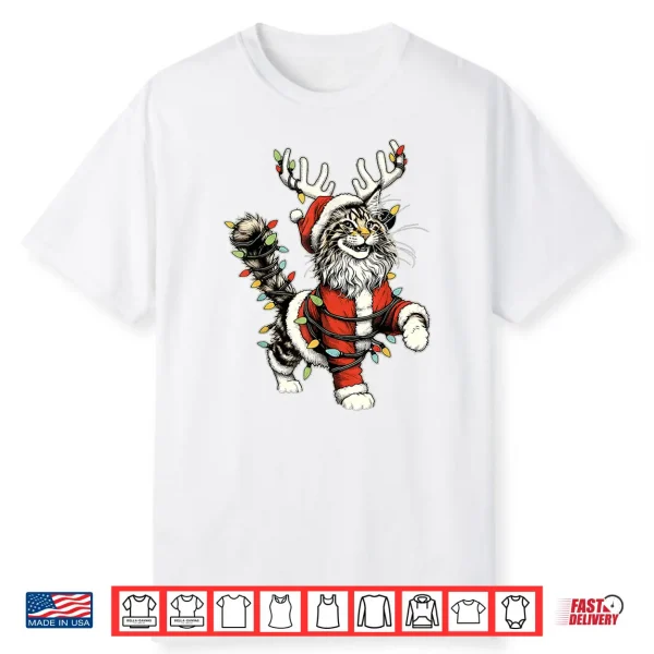 Maine Coon Cat Santa Hat Christmas Tree Light Pajamas Mom Shirt
