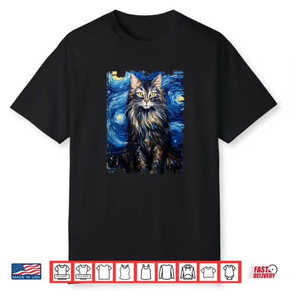 Maine Coon Cat Starry Night Painting Mom Dad Shirt