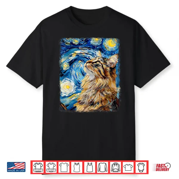 Maine Coon Cat Starry Night Painting Shirt