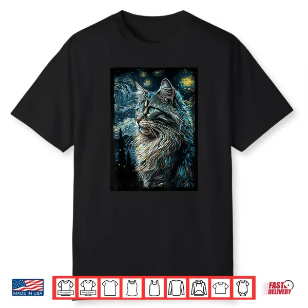 Maine Coon Cat Van Gogh’S Starry Night Cat Lover Cat Mom Dad Shirt