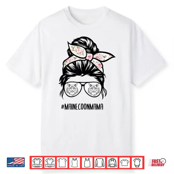 Maine Coon Cat Mom Messy Bun Hair Glasses Shirt