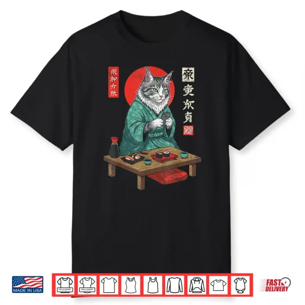 Maine Coon Sushi Cat In Kimono And Smartphone Japanese Art Shirt