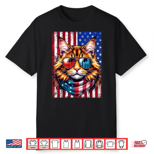 Maine Coon Wearing Usa Flag Cat Lover Patriotic 4Th Of July Shirt