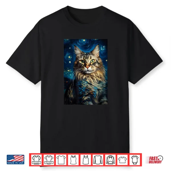 Maine Coon Cat Painting Kitten Van Gogh Art Starry Night Sky Shirt