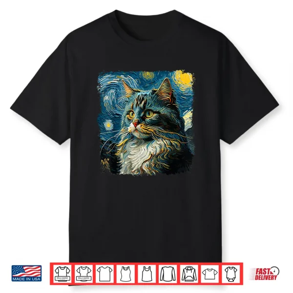 Maine Coon Cat Art Van Gogh Inspired Starry Night Cat Design Shirt