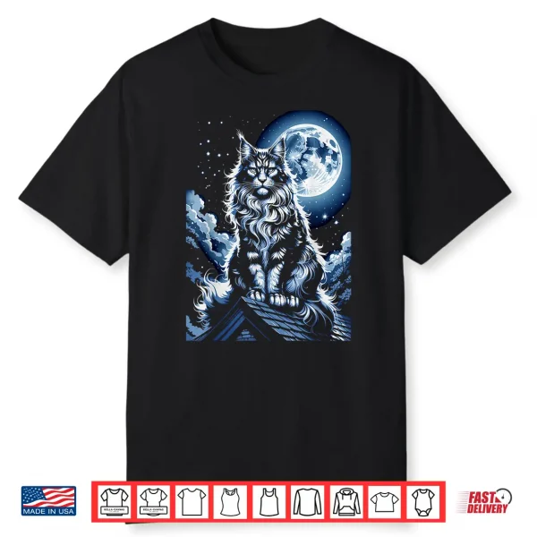 Majestic Maine Coon Cat Under Full Moon Night Sky Shirt