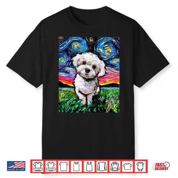 Maltipoo Starry Night White Maltese Poodle Dog Art By Aja Shirt
