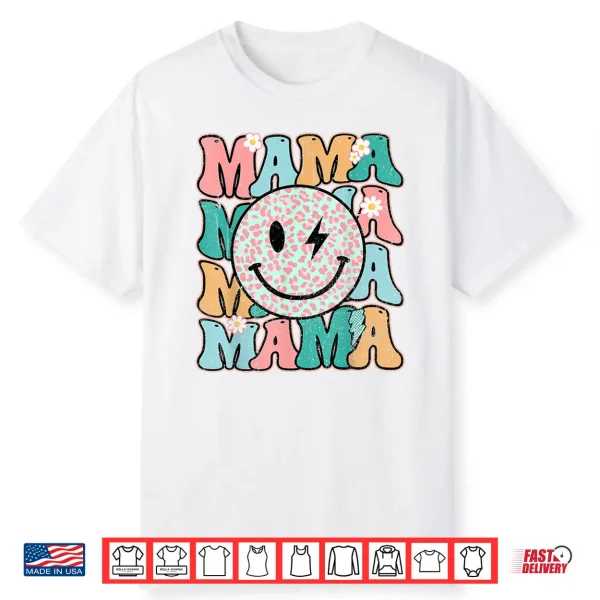 Mama Leopard Smile Bolt Lightning Checkered Groovy Mom Life Shirt