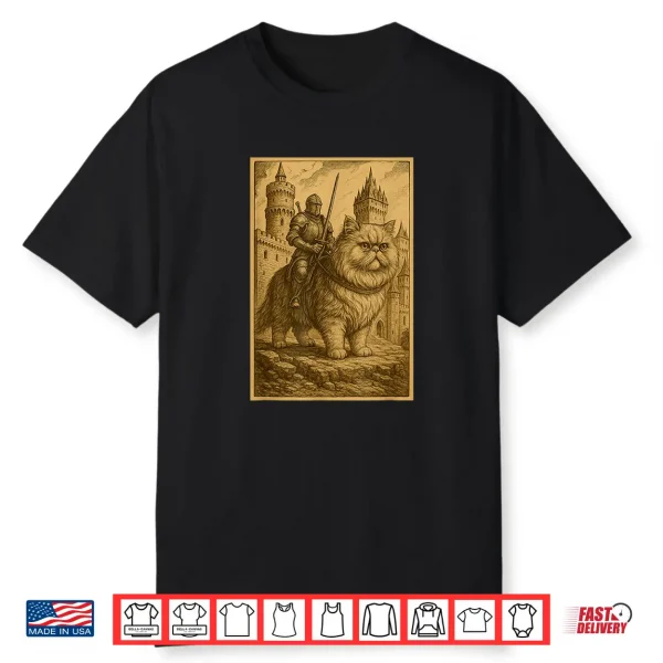 Medieval Knight Riding A Persian Cat Rider Surreal Feline Shirt