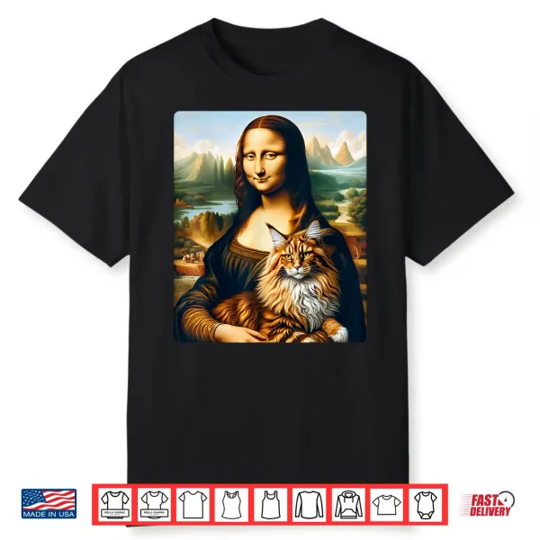 Mona Lisas Feline Companion Maine Coon Cat Artwork Shirt
