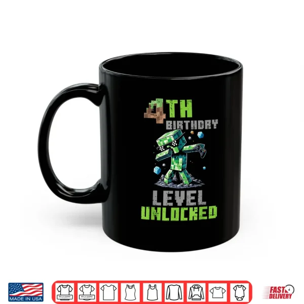 Mug 4th Birthday Level Unlocked Pixel Dab 4 Bday Gamer Boys Kids Shirt