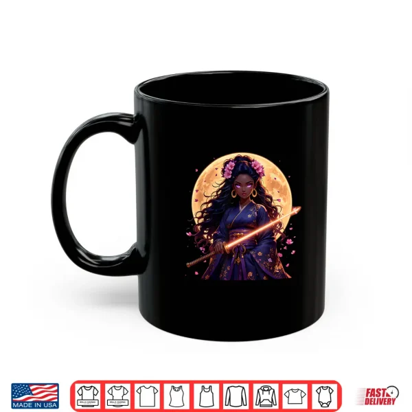 Mug Black Woman Japanese Anime Samurai Girl Black Cat Shirt