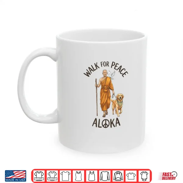 Mug Buddhist Monk Walk For Peace Aloka Line Art Dove Dog Shirt