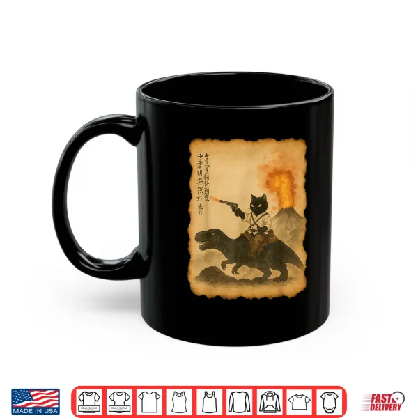 Mug Calligraphy Cat Dinosaur Volcanic Eruption Unisex anime cat Shirt
