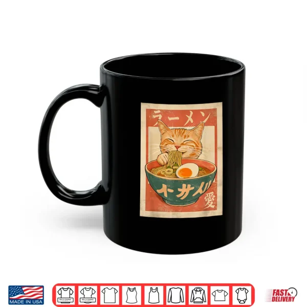 Mug Cat Ramen Funny Japanese Vintage Graphic Tee Kawaii Anime Shirt