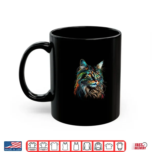 Mug Colorful Maine Coon Cat Face Art Beautiful Cats Black Shirt