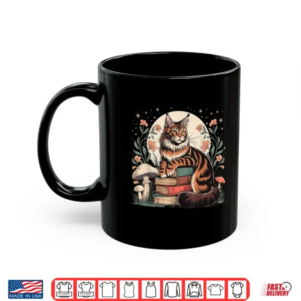 Mug Cottagecore Maine Coon Cat Books Reader Whimsical Art Shirt