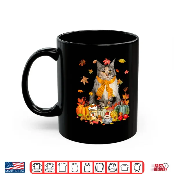 Mug Cup Of Coffe Maine Coon Cat Pumpkins Fall Vibes Thanksgiving Shirt