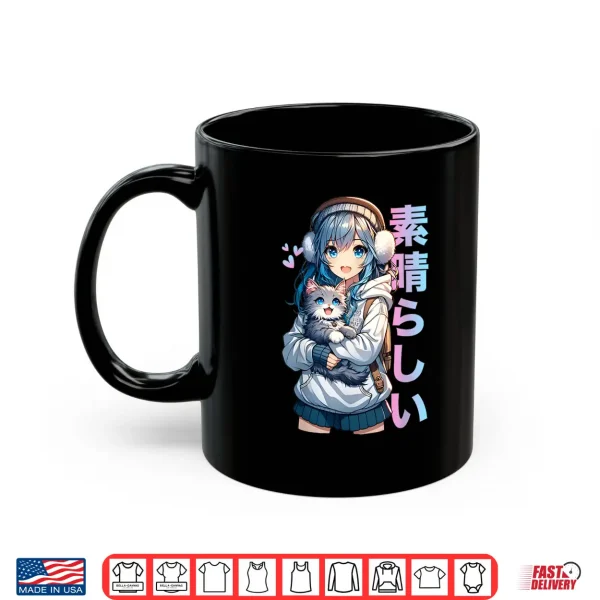 Mug Cute Anime Girl with a Cat for Cat Lover Kawaii Otaku Manga Shirt