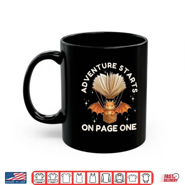 Mug Cute Dragon Book Hot Air Balloon Adventure Fantasy Reading Shirt